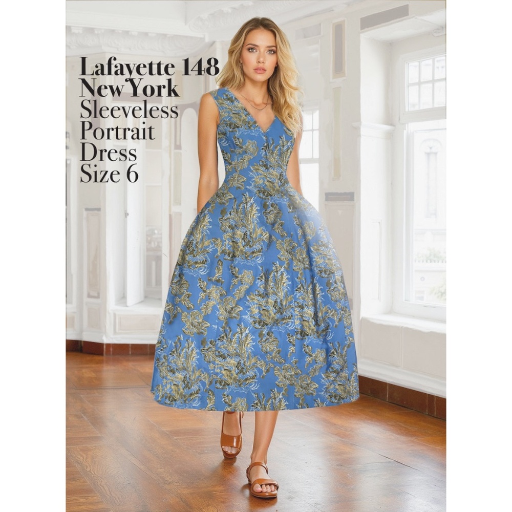 Lafayette 148 New York Sleeveless Portrait Dress  Cool Blue Multi Women's Size 6